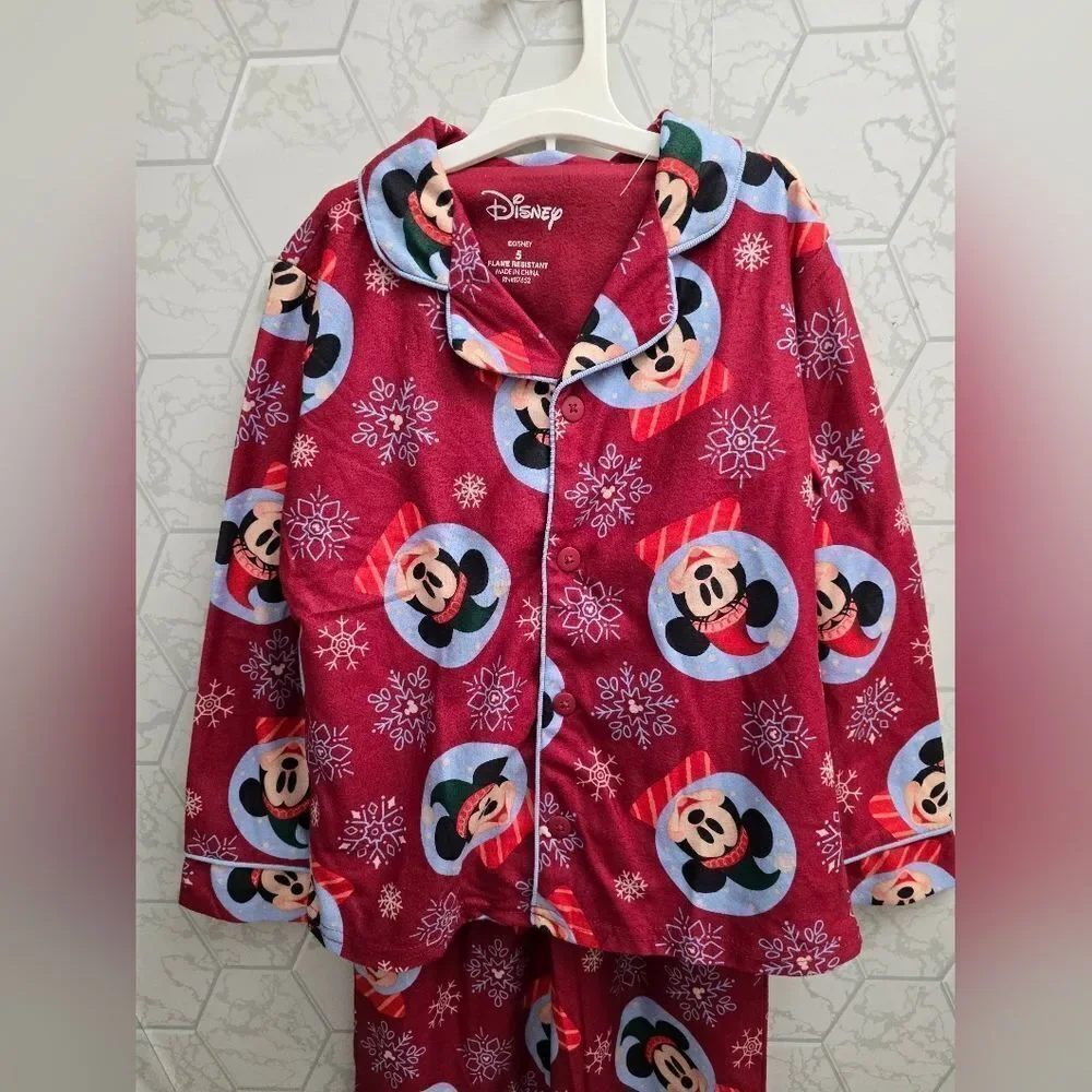 Nwt Kids' Unisex Disney Mickey Mouse 2pc Holiday Christmas Coat Pajama Set